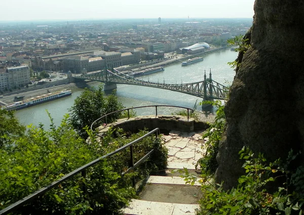 Ungarn Budapest Donaupanorama Und Freiheitsbrücke Vom Gellertberg — Stockfoto