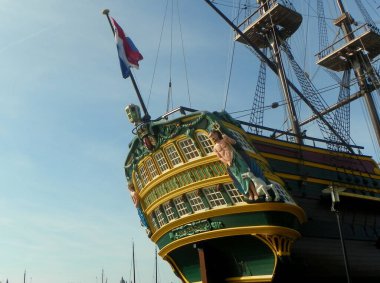 Netherlands, Amsterdam, Kattenburgerplein 1, National Maritime Museum (Het Scheepvaartmuseum), 1990 ship replica of the Amsterdam, the stern of the ship