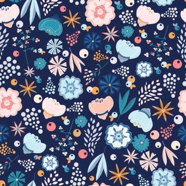Koyu mavi arka planda renksiz çiçek deseni. Orijinal baskı, yaratıcı duvar kağıdı, moda şablonu. Vektör el çizimi illüstrasyon