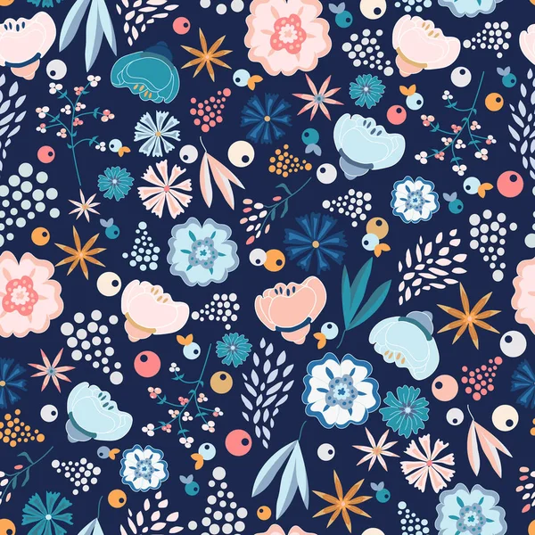 Koyu mavi arka planda renksiz çiçek deseni. Orijinal baskı, yaratıcı duvar kağıdı, moda şablonu. Vektör el çizimi illüstrasyon