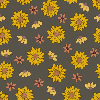 Kusursuz 70 'li yılların eski hippi çiçek desenleri, çiçekli papatya desenleri.