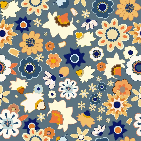 70年代グルービーヒッピーレトロシームレスパターン ヴィンテージフラワーベクトルパターン 葉を持つ花の背景 バナー ファブリックのためのドードルヒッピープリント — ストックベクタ