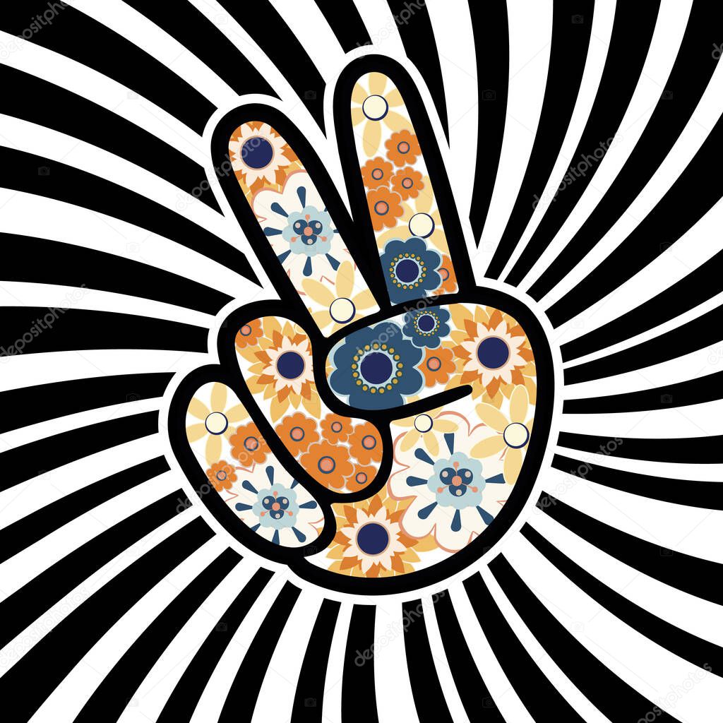 hippie symbol two fingers as a sign of victory on the psychedelic background