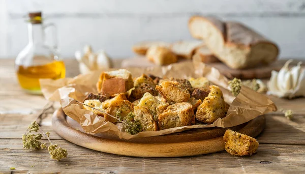 Croutons with spices are made from stale bread. Zero waste concept for cooking