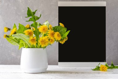 Yaratılışı taklit et. Siyah tebeşir masası beyaz ahşap masa üzerinde gri beton arka plan ve vazoda karahindiba