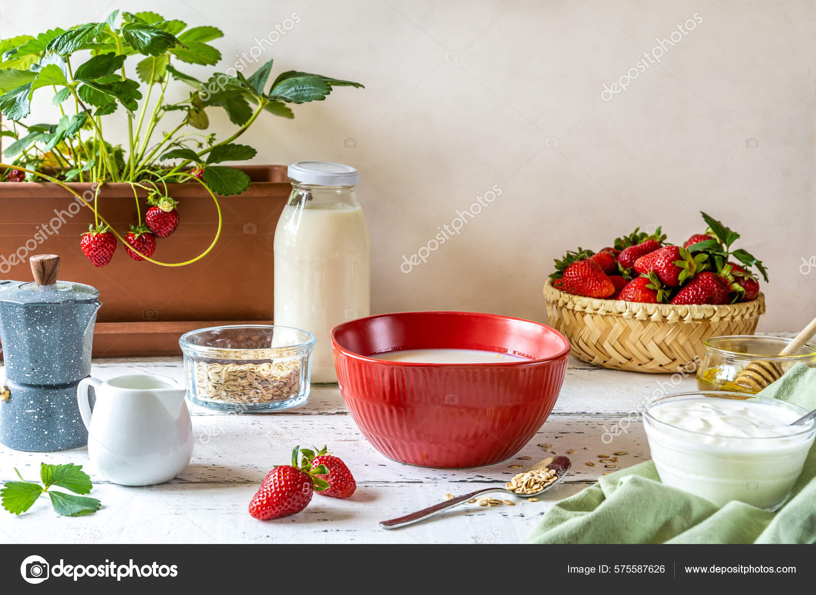 Breakfast Concept Strawberry Yogurt Muesli Coffee Pot Bowl Milk Honey Stock  Photo by ©zavg.tb 575587626