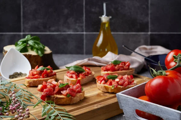 Bruschetta: Toasted bread, chopped fresh tomato, olive oil flavored with garlic, basil and oregano, great for breakfast, lunch or dinner, healthy food