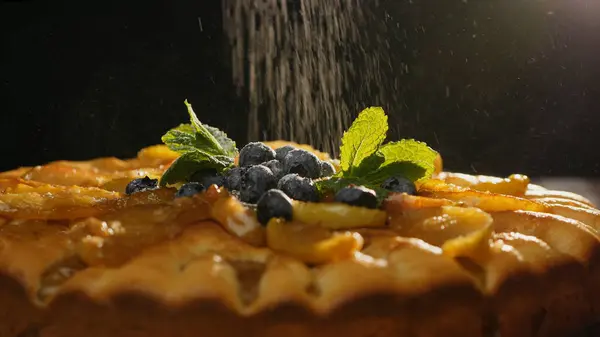 Böğürtlenli kek üzerine pudra şekeri serpiştirilmiş.