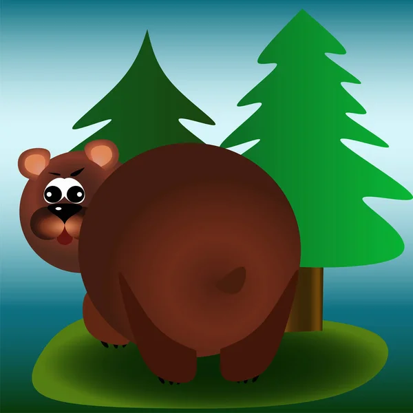 Obraz Edukacyjny Dla Dzieci Niedźwiedziem Brunatnym Stojącym Lesie Odwrócił Głowę — Zdjęcie stockowe
