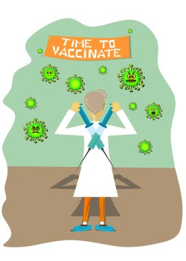 Kavramsal illüstrasyon, Coronavirus 'a karşı mücadele ve covid-19' a karşı aşı çağrısı. Doktor arkasında koronavirüs aşısı olan şırıngalar tutuyor ve virüslerle savaşmaya hazır.