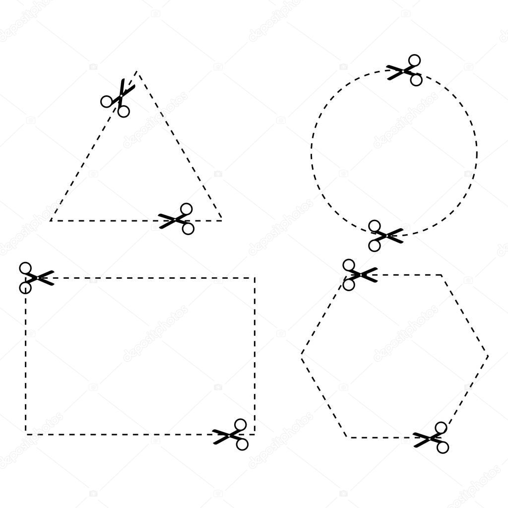 Geometric figure. Cutting line. Scissors icon. Hatching drawing. Outline shape. Vector illustration. Stock image. 