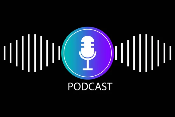 Podcast logosu. Mikrofon simgesi. Mavi işaret. Müzik dalgası. Radyo sembolü. Siyah arka plan. Vektör çizimi. Resim yükle.