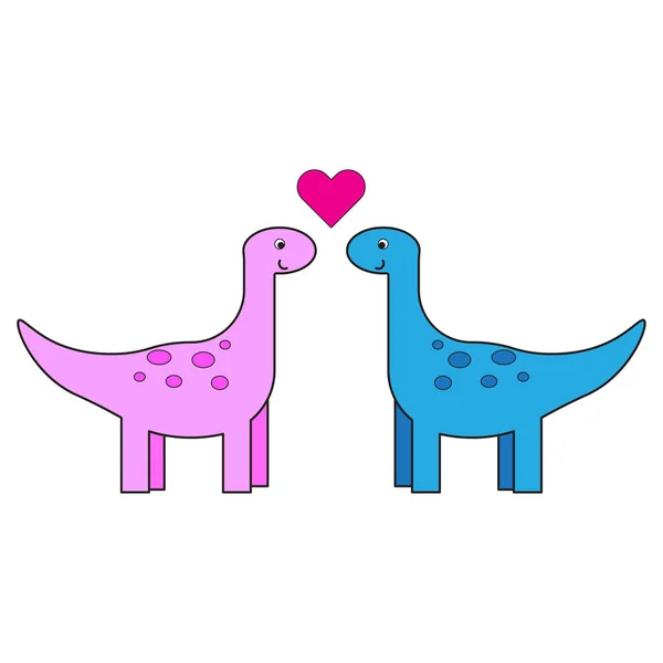 Bella illustrazione piatta con amore dinosauri cuore. Sfondo romantico. Illustrazione vettoriale. stock immagine. — Vettoriale Stock