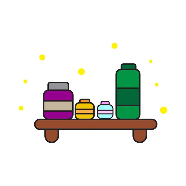 Colorful bottles shelf. Cartoon style. Liquid color background design. Vector illustration. stock image. — Stock Vector