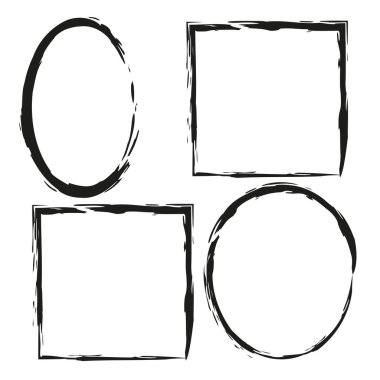 Grunge kare çerçeveler. Çeşitli şekillerde fırça çerçeveleri. Farklı amaçlar için çerçeveler. Vektör çizimi. Hisse senedi. EPS 10.