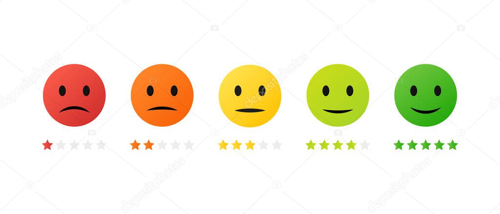 Customer satisfaction level with rating stars icon. feedback emotion scale customer symbol. Vector illustration. stock image. EPS 10.