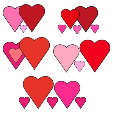 Sanat tarzında farklı kırmızı kalpler. Tatil düğünü. Kırmızı kalp. Vektör çizimi. Stok görüntüsü. EPS 10.