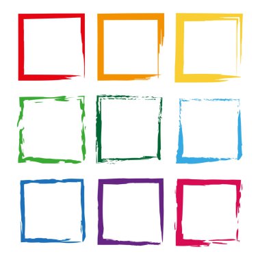 Renkli fırça kareleri. Suluboya tarzı. Boya fırçası lekesi. Vektör çizimi. Stok görüntüsü. EPS 10.