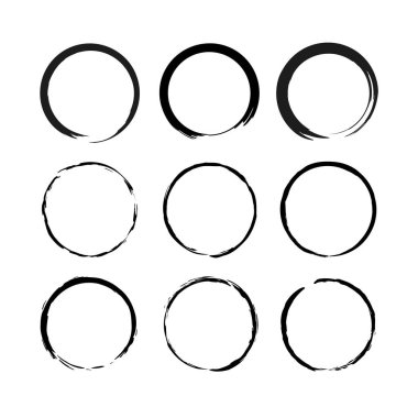 Siyah grunge halkaları. Eskimiş antika. Moda tarzı. Boya fırçası lekesi. Yuvarlak şekilli. Vektör çizimi. Hisse senedi. EPS 10.