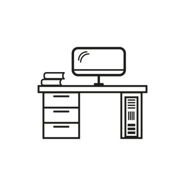 Bilgisayar işyeri simgesi. İş adamları iletişim kuruyor. Vektör çizimi. Hisse senedi. EPS 10.