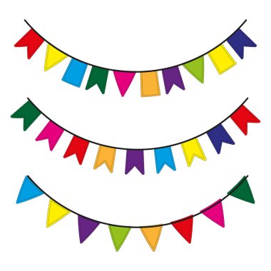 Renkli bayraklar. Mutlu yıldönümü tebrik kartları. Doğum günü karşılama tasarımı. Vektör çizimi. Hisse senedi. EPS 10.