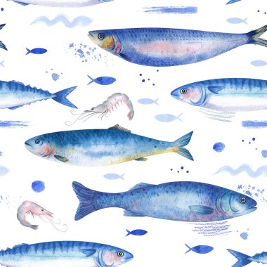 Deniz yaşamında kusursuz desen. Beyaz arka planda alabalık, uskumru, ringa, karides ve diğer balıklar. Kumaş, duvar kağıdı için deniz yinelemeli doku tasarımı