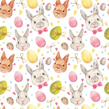 Tatlı tavşanları, paskalya yumurtaları, kalpleri ve yayları olan suluboya paskalya desenleri. El yapımı Paskalya tavşanları, renkli yumurtalar. Hoş paskalya arkaplanı.