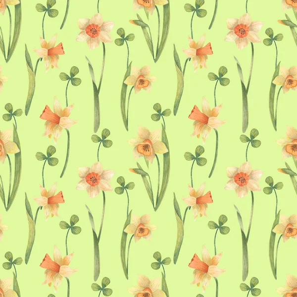 Nahtloses Frühlingsmuster Mit Gelben Narzissen Und Kleeblättern Kann Als Hintergrundtextur — Stockfoto