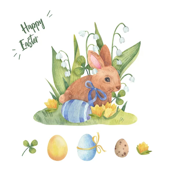 Колекція Акварелей Присвячена Святу Великодня Ілюстрація Кролика Квітів Великодніх Яєць — стокове фото