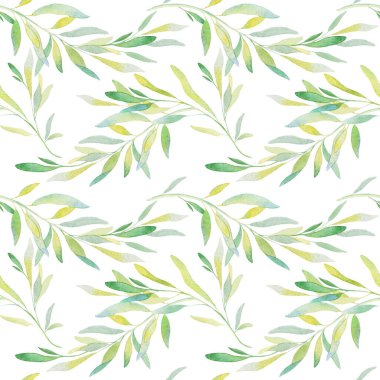 Suluboya beyaz arka planda dalsız desen bırakır. Yeşillikler, dallar, yapraklar, yapraklar. Düğün, kapak tasarımı, duvar kağıtları, desenler, ambalaj, baskı vs. için mükemmel