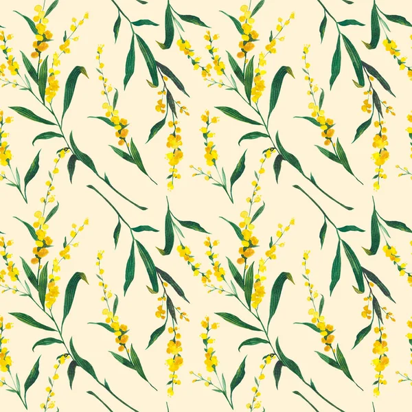 Kusursuz suluboya çiçekli sarı mimoza deseni. Davet, tebrik kartı veya duvar kağıdı kavramı.