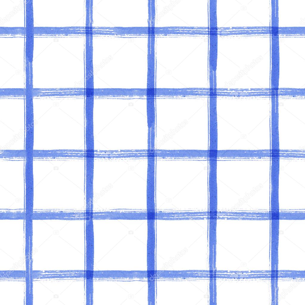 Hand-painted watercolor seamless checkered pattern in blue tones. Checkered marine ornament highlighted on a white background for fabric, wallpaper and paper prints.