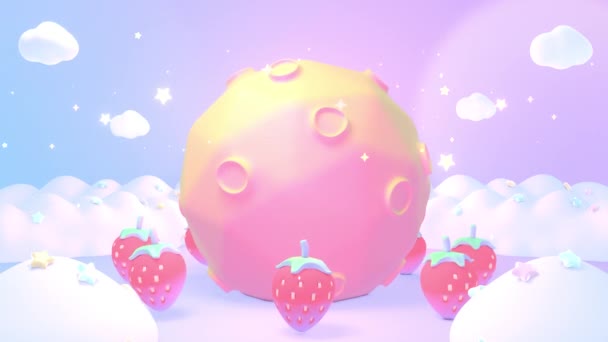 Boucle Kawaii Fraises Dansant Autour Lune Animation — Video