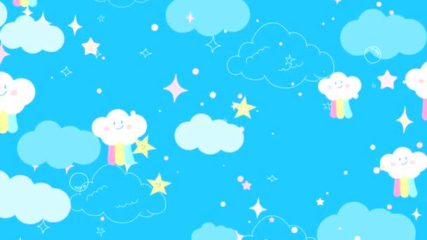 Looped Kawaii Doodle Rainbow Clouds Smiling Face Blue Sky — Stock Video