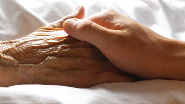 Worried man holding and gently stroking hand of his sick mother showing care or love. Son comforting wrinkled arm of elderly mom lying at bed. Guy giving support to his old parent. Side view Close up — Stock Video