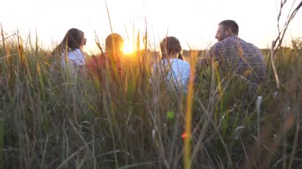 Mutter und Vater mit zwei Kindern sitzen auf dem Rasen am Feld und genießen die Ruhe in der Natur. Ein junges Elternpaar mit Kindern verbringt gemeinsam Zeit auf der Wiese. Konzept des Familienglücks. Kranichschuss — Stockvideo