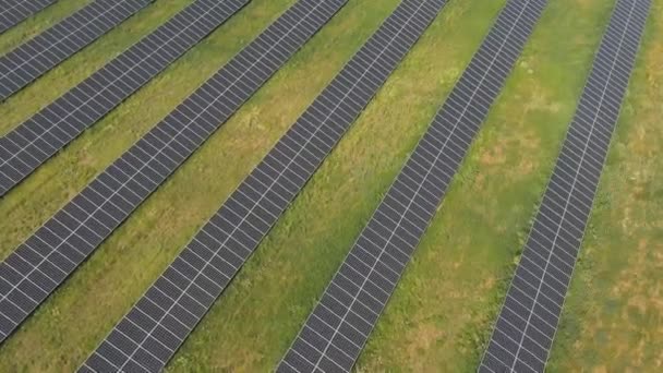 Flug entlang von Solarpaneelen auf der grünen Wiese. Solarkraftwerke produzieren Strom. Luftaufnahme eines Solarparks, der Strom erzeugt. Konzept von Ökologie und erneuerbarer grüner Energie. Ansicht von oben — Stockvideo