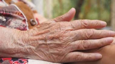 Dışarıda genç bayanların kollarını okşayan yaşlı kadınların eli. Torunumla büyükannem dışarıda vakit geçiriyorlar. İlgi ve sevgi kavramı. Yan Görünümü Kapat Yavaş Çekim