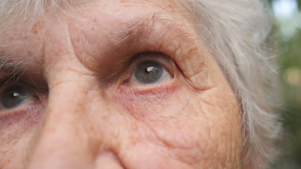 見上げる古い祖母の肖像画。それらの周りのしわを持つ高齢者女性の目を閉じる — ストック動画