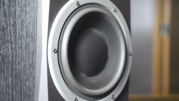 Close up of moving sub-woofer on recording studio. Black speaker pulsating and vibrating from listen of loud music on low frequency. Working of modern high fidelity loudspeaker membrane. Slow motion — Stock Video