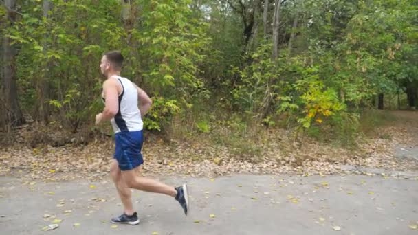 Молодий сильний спортсмен з бездротовими навушниками біжить по стежці біля лісу. Спортивний чоловік біжить по дорозі на природі. Спортивний хлопець тренується на початку осені. Концепція здорового активного способу життя — стокове відео