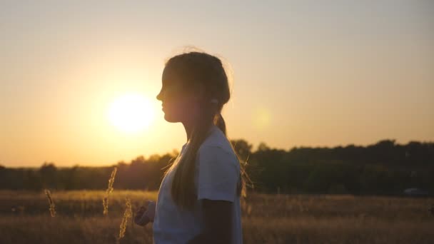 Portrait of little smiling girl look into camera standing in grass field with sunset at background. Happy small child play with her hair resting at meadow. Concept of carefree and freedom. Dolly shot — Video Stock
