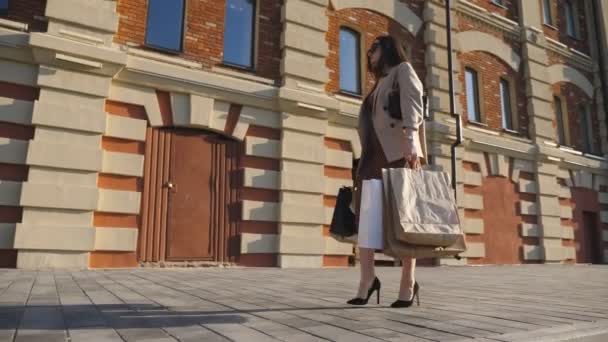 Elegante signorina in bel vestito tiene borse della spesa andando sul marciapiede dopo gli acquisti. Donna attraente porta pacchetti di carta a piedi lungo la strada urbana. Concetto di vendite e sconti. Dolly ha sparato. — Video Stock