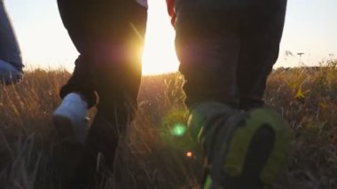 Anne ve baba ve iki çocuk el ele tutuşup gün batımında çim tarlalarında koşuyorlar. Çayırlarda koşan ve kollarını kaldıran çocuklu mutlu ebeveynler. Aile hafta sonu eğleniyor