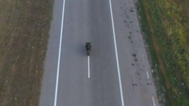 Motosikletlinin kır yolunda motosikletiyle yarışırken çekilmiş bir fotoğrafı. Otoyolda modern motorsiklet süren bir adam. Yolculuk sırasında bisiklete binen adam. Özgürlük ve macera kavramı. Üst görünüm