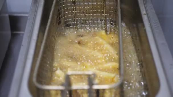 POV de cocinero macho sacudiendo una rejilla con papas fritas preparándose en aceite hirviendo caliente. Chef bajando una rejilla con patatas en freidora. Proceso de hacer comida rápida en la cocina. Vista superior cámara lenta — Vídeo de stock