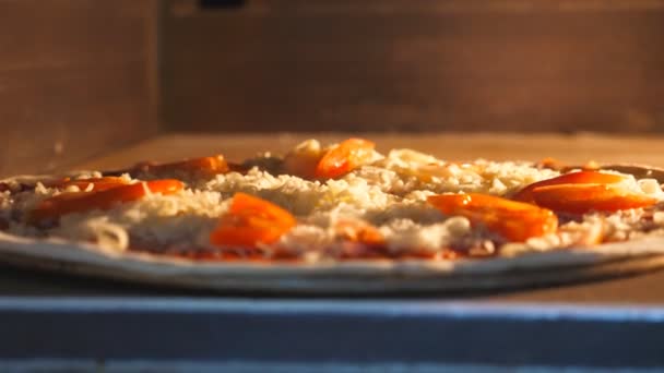 La deliciosa pizza con tomate y queso se hornea en el horno eléctrico en el restaurante de cocina. Mozzarella fusión en horno a alta temperatura. Proceso de preparación de alimentos. Dolly disparó — Vídeos de Stock