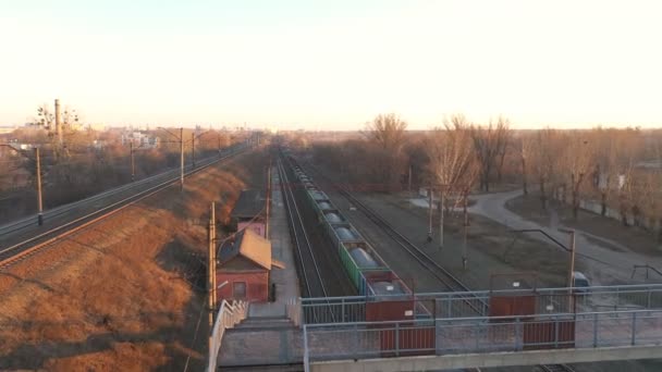 Vista aérea del tren que se mueve a lo largo de mercancías industriales ferroviarias y marítimas. Drone volando para locomotora larga con vagones de carga que pasan por el campo. Transporte de carga o concepto de entrega. Vista superior — Vídeo de stock