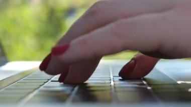 Kırmızı manikürlü, dizüstü bilgisayarlı klavyeye yazı yazan kadın parmaklarının detaylı görüntüsü. İş kadını dışarıda defter kullanıyor. Doğada yeni bir proje üzerinde çalışan yaratıcı bir serbest yazar. Bulanık arkaplan