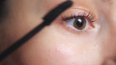 Kirpiklerine kozmetik uygulayan genç bir kadının yüzünü kapat. Gözlerini kocaman açıp maskarayla makyaj yapan güzel bir kız. Güzellik salonunda çekici bir model. Moda ve tarz kavramı. Tek atış.